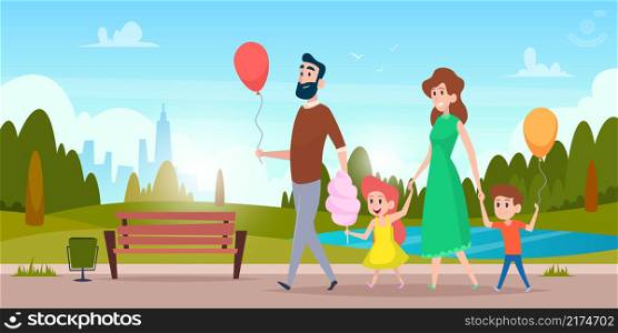 Family park walking. Parents outdoor activities with kids exact vector background. Mother and father in park together with daughter and son illustration. Family park walking. Parents outdoor activities with kids exact vector background