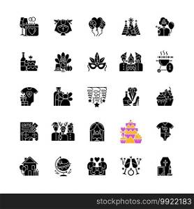 Family party black glyph icons set on white space. Social gathering with friends and coworkers. Going away celebration. Christmas theme party. Silhouette symbols. Vector isolated illustration. Family party black glyph icons set on white space