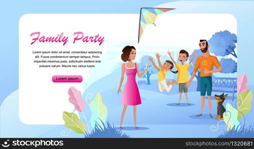 Family Party Cartoon Vector Horizontal Web Banner with Happy Father and Mother Playing with Children, Launching Kite, Making Photos in City Park Illustration. Family Outdoor Summer Leisure Concept