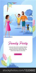 Family Party Cartoon Vector Vertical Web Banner with Happy Father and Mother Playing with Children, Launching Kite, Making Mobile Photo in City Park Illustration. Family Outdoor Summer Leisure Concept