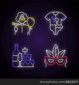 Family party greeting neon light icons set. Retirement celebration. Baby gender reveal. Carnival mask. Happy retiree. Signs with outer glowing effect. Vector isolated RGB color illustrations. Family party greeting neon light icons set
