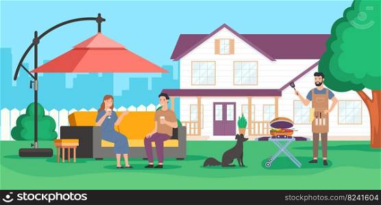 Family party with barbecue on backyard house. Vector outdoor family picnic near house illustration. Family party with barbecue on backyard house