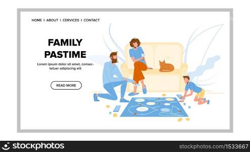 Family Pastime And Enjoyment Board Game Vector. Father, Mother And Son Players Playing Pastime In Room, Cat Animal Lying On Sofa. Characters Funny Active Time Web Cartoon Illustration. Family Pastime And Enjoyment Board Game Vector