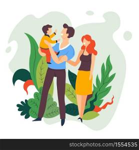 Family pastime mother and father holding baby son vector man woman and child parents and kid parenthood and childhood walking and playing leisure activity love and care husband and wife with toddler.. Mother and father holding baby son family pastime
