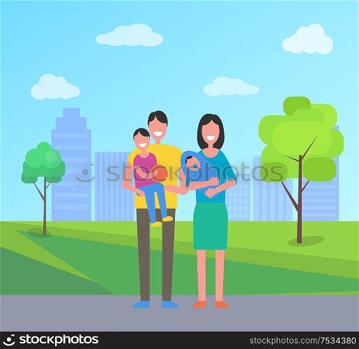 Family people in city park. Mother with newborn kid and pacifier, father holding little boy son with basketball ball. Spouses smiling in town vector. Family People in City Park Vector Illustration