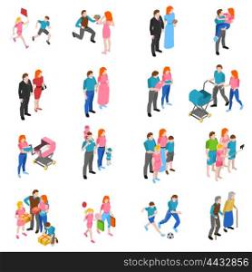 Family people Isometric Icons Set . Family relations isometric icons set with engagement marriage parents with children and grandparents abstract isolated vector illustration