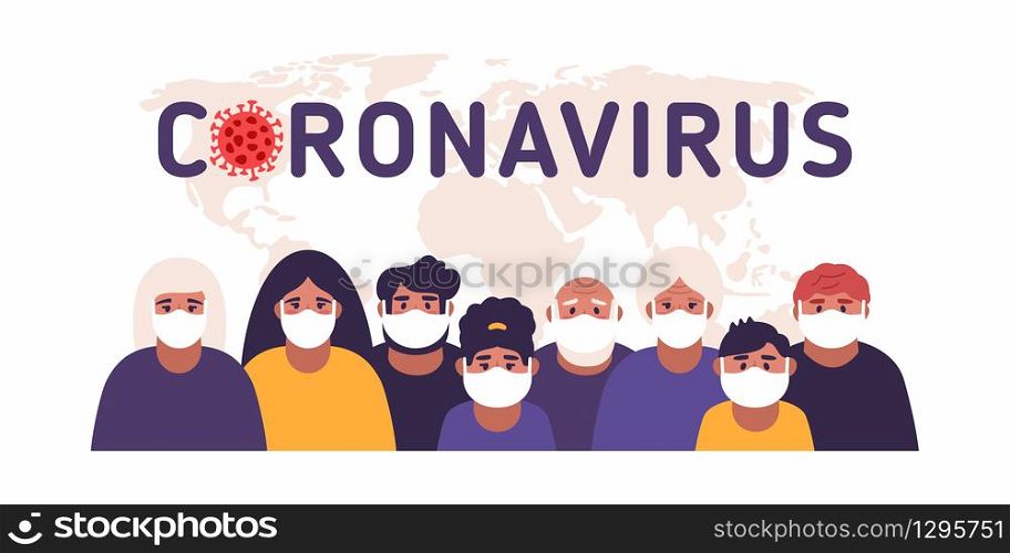 Family people wearing protective Medical masks to prevent virus Wuhan Covid-19 Corona virus. Surgical masks for people around the world. Stop Pneumonia disease. Blue colors. family wearing protective Medical mask for prevent virus Covid-19. People wearing a surgical mask.