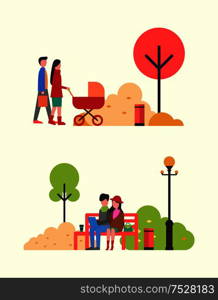 Family people with pram, couple working in park vector. Autumnal trees, fall season, relaxation on wooden bench. Freelancers working together outdoors. Family People with Pram, Couple Working in Park