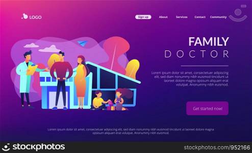 Family phisician with husband, pregnant wife and playing children. Family doctor, medical family practice, primary healthcare care concept. Website vibrant violet landing web page template.. Family doctor concept landing page.