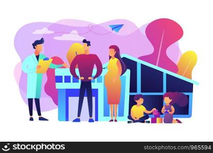 Family phisician with husband, pregnant wife and playing children. Family doctor, medical family practice, primary healthcare care concept. Bright vibrant violet vector isolated illustration. Family doctor concept vector illustration.