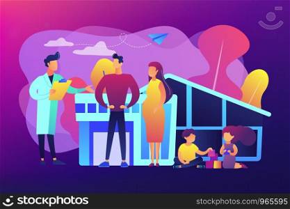 Family phisician with husband, pregnant wife and playing children. Family doctor, medical family practice, primary healthcare care concept. Bright vibrant violet vector isolated illustration. Family doctor concept vector illustration.