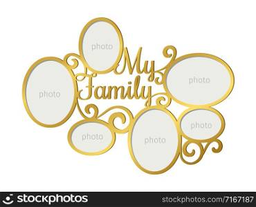 Family photo frame. Laser cutting family photoframe template with photography forms, vector illustration. Family photo frame