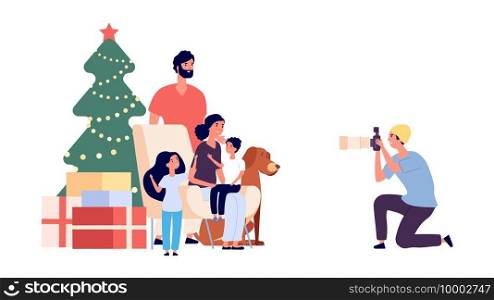 Family photo. Happy family mom dad daughter son dog and photographer. Christmas photo. Professional photographer character. Illustration christmas photo xmas tree and family. Family photo. Happy family mom dad daughter son dog and photographer. Christmas photo. Professional photographer character