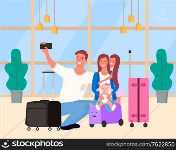 Family photo in airport, mother holding daughter, father photographing. People taking photo in departure lounge, man and woman with baggage vector. Selfie of Parents with Daughter in Airport Vector