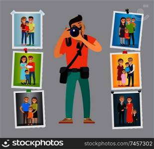 Family photographer with digital camera taking photo. Man making pictures of parents, grandparents and children. Samples of his work hanging on wall vector. Family Photographer with Digital Camera Take Photo