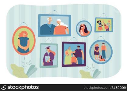 Family photos in frames vector illustration. Pictures of grandparents couple, young parents with kid, children with pet, graduation on wall. For photography, memory, generations, home, gallery concept
