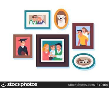 Family photos. Kids and parents framed portraits, happy relatives, Moms and dads, grandparents, son and daughter, lives moments and portrait gallery on wall vector set. Family photos. Kids and parents framed portraits, happy relatives, Moms and dads, grandparents, son and daughter, lives moments. Vector set