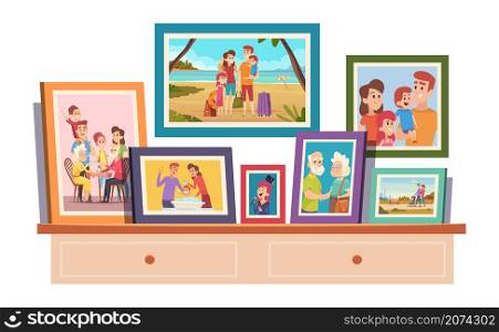 Family photos. Memories photo with smiling people father mother kids grandparents on photo with frame standing on table in room exact vector illustrations. Family photo portrait in frame. Family photos. Memories photo with smiling people father mother kids grandparents on photo with frame standing on table in room exact vector illustrations