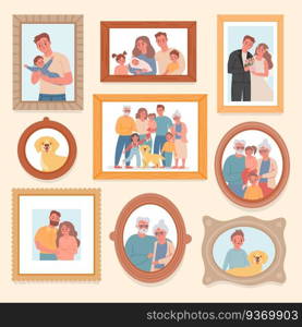 Family photos. Parents and kids portrait in frames. Memory pictures with wedding, grandparents, newborn baby. Big families vector photograph. Illustration family photo woman and man gallery. Family photos. Parents and kids portrait in frames. Memory pictures with wedding, grandparents, newborn baby. Big families vector photograph