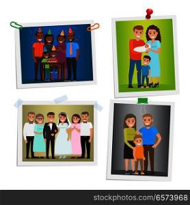 Family photos with special day happy memories inoculated on white. Vector poster of little boy s Happy Birthday, birth of child in family with male kid, wedding and just hilarious family photos. Family Special Day Photos Inoculated on White