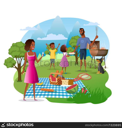 Family Picnic and Hike in Mountains Cartoon Vector Concept. African-American Father with Kids Cooking Meat on Barbeque Grill, Mother Taking Photos of Nature Illustration Isolated on White Background