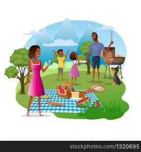 Family Picnic and Hike in Mountains Cartoon Vector Concept. African-American Father with Kids Cooking Meat on Barbeque Grill, Mother Taking Photos of Nature Illustration Isolated on White Background