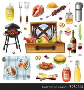 Family Picnic Barbecue Realistic Icons Set. Family picnic barbecue grill food drinks rug and accessories realistic icons set with sausages and salmon vector illustration