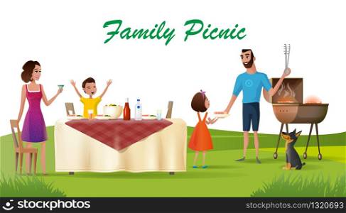 Family Picnic Cartoon Vector Concept or Banner with Happy Parents and Children Having Outdoor Dinner at Holiday Table, Cooking Meat Steak on Barbecue Grill on Green Meadow Illustration. Family Day Off