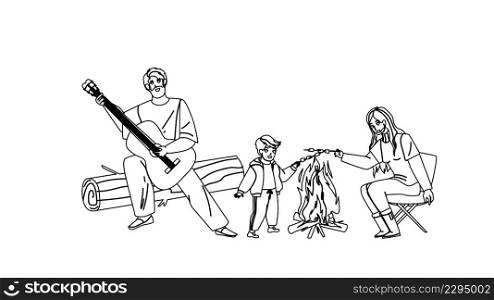 Family Picnic Enjoying Together Outdoor Black Line Pencil Drawing Vector. Father Playing On Guitar, Mother And Son Child Frying Marshmallow On Camp Fire, Family Picnic In Nature. Characters. Family Picnic Enjoying Together Outdoor Vector