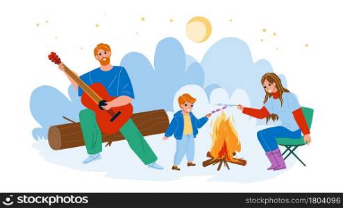 Family Picnic Enjoying Together Outdoor Vector. Father Playing On Guitar, Mother And Son Child Frying Marshmallow On Camp Fire, Family Picnic In Nature. Characters Flat Cartoon Illustration. Family Picnic Enjoying Together Outdoor Vector
