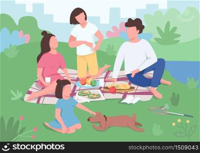 Family picnic flat color vector illustration. Parents with children have dinner in park. Mom and dad sit on blanket. Kid play with dog. Relatives 2D cartoon characters with interior on background