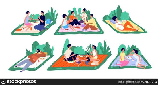 Family picnic. Fun nature picnics, flat families eat outside together. Cartoon people relax, couple weekend park recreation utter vector. Illustration people picnic in park, rest lifestyle together. Family picnic. Fun nature picnics, flat families eat outside together. Cartoon people relax, couple weekend park recreation utter vector concept