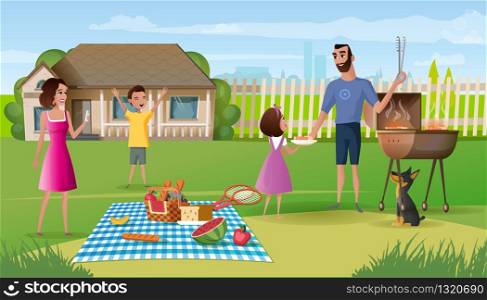 Family picnic in countryside cartoon vector. Happy parents spending time with kids, eating snacks, cooking steaks on barbeque grill, playing with dog, making selfie photos on house yard illustration