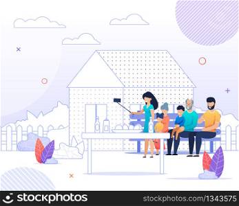 Family Picnic in Countryside. Happy Cartoon Mother, Father, Grandfa and Grandma Sitting on Bench Making Selfie Photos. House Yard Landscape. Table with Snacks and Drinks. Vector Flat Illustration. Picnic in Countryside and Happy Family Selfie