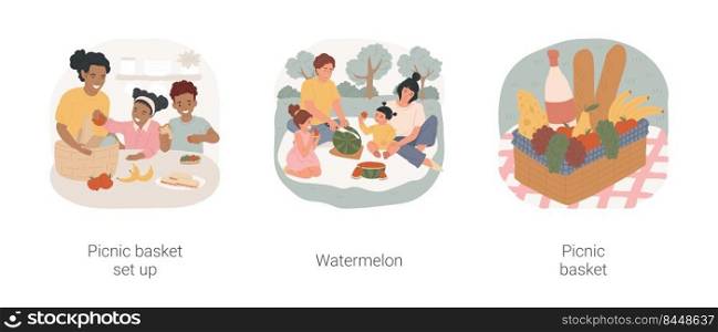 Family picnic isolated cartoon vector illustration set. Picnic basket set up, packing food, family eat watermelon, sitting on grass, meal close up, tablecloth on grass, summertime vector cartoon.. Family picnic isolated cartoon vector illustration set.
