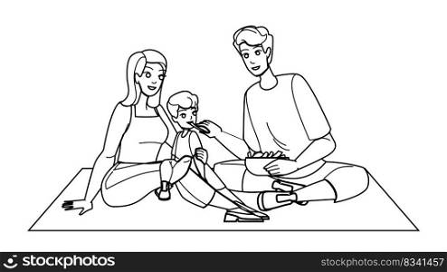 family picnic line pencil drawing vector. summer happy, young woman, park nature, child father, together man family picnic character. people Illustration. family picnic vector