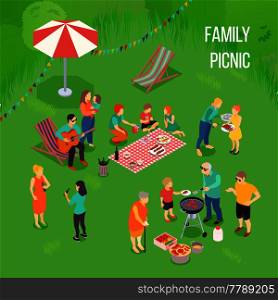 Family picnic with kids and adults, grill equipment, food on blanket on green background isometric vector illustration. Family Picnic Isometric Illustration