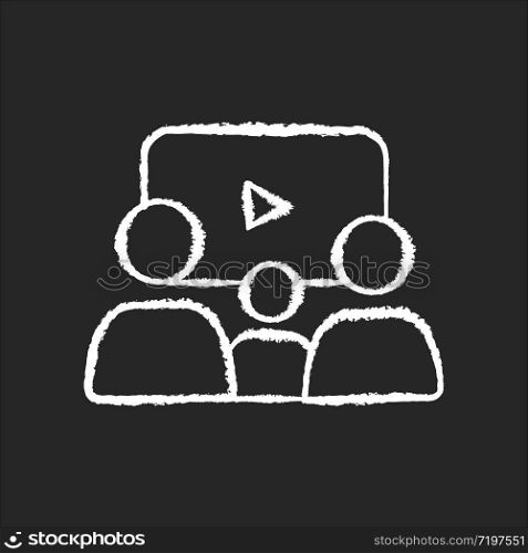 Family picture chalk white icon on black background. Filmmaking style, cinema genre. Family friendly movies and TV series. Parents and kid watching film isolated vector chalkboard illustration