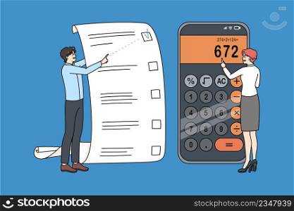 Family planning budget calculating expenses expenditures on machine. Couple with shopping list count finances on calculator. Money planner and financial saving. Vector illustration. . Family planning budget on calculator 