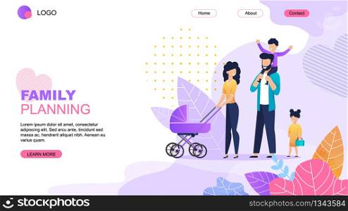Family Planning Cartoon Landing Page Template. Common Joint Vacation Scheduling Online. Vector Parents with Baby in Stroller and Children Walking Flat Illustration. Happy Parenting and Childhood. Family Planning Cartoon Landing Page Template