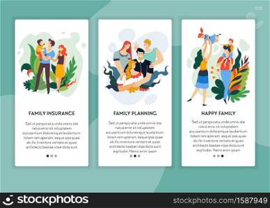 Family planning landing web page template, online site mockup vector. Parents with baby and children, parenting and childhood. Medical life insurance, mother and father, son and daughter, healthcare. Insurance and family planning web pages templates, online site