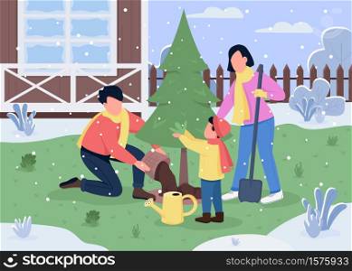 Family plant tree semi flat vector illustration. Winter activity for mother, father and son. Cultivate and grow pine in backyard. Parents and children 2D cartoon characters for commercial use. Family plant tree semi flat vector illustration