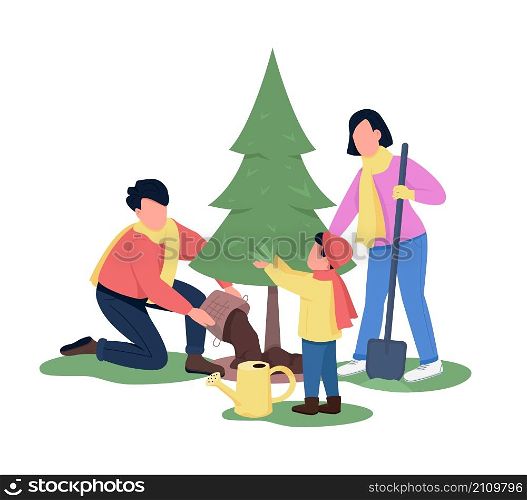 Family planting pine tree semi flat color vector characters. Interacting figures. Full body people on white. Garden activity isolated modern cartoon style illustration for graphic design and animation. Family planting pine tree semi flat color vector characters