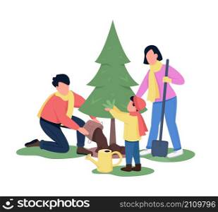 Family planting pine tree semi flat color vector characters. Interacting figures. Full body people on white. Garden activity isolated modern cartoon style illustration for graphic design and animation. Family planting pine tree semi flat color vector characters