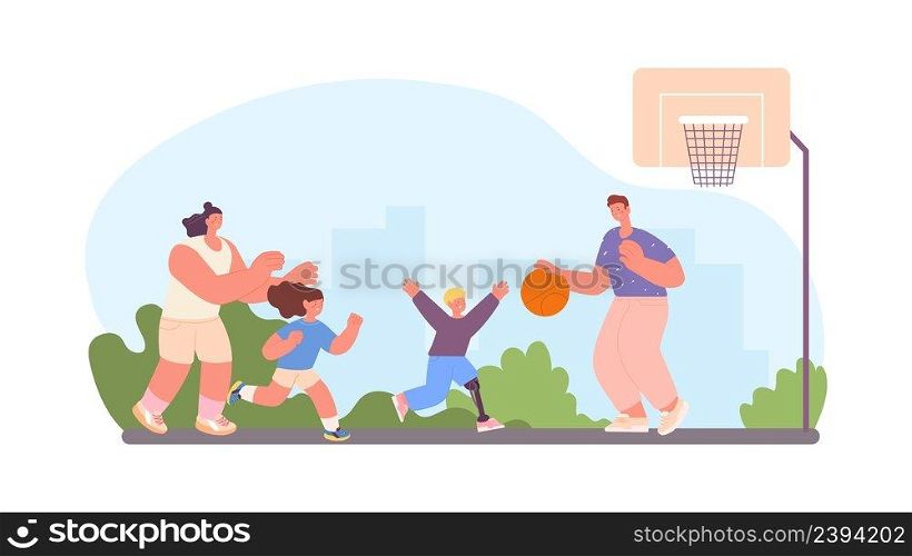 Family play basketball in city park. Inclusive child in life. Happy boy with parents and sister workout on playground, vector scene. Illustration of happy family with children inclusion. Family play basketball in city park. Inclusive child in life. Happy boy with parents and sister workout on playground, vector scene