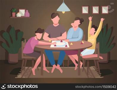 Family play board game flat color vector illustration. Evening entertainment for kids and parents. Mom and dad play tabletop game. Relatives 2D cartoon characters with interior on background
