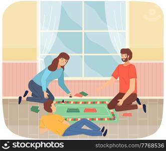 Family playing board game flat illustration. Parents with kid having fun, spending time together at home. Mom and dad with son enjoying table games. Indoor entertainment for adults and children. Friendly family playing board game. Parents with kid having fun, spending time together at home