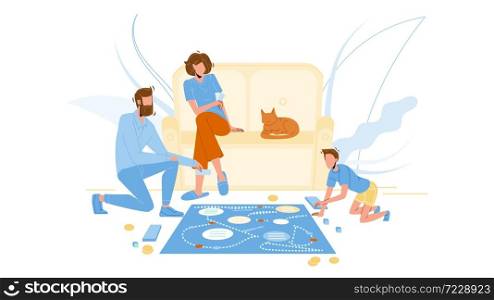 Family Playing Board Game On Room Floor Vector. Man Father, Woman Mother And Boy Son Play Board Game, Cat Lying On Couch. Characters Parents And Child Active Funny Time Flat Cartoon Illustration. Family Playing Board Game On Room Floor Vector