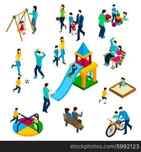 Family playing concept with isometric adults and children on playing ground isolated vector illustration. Family Playing Concept