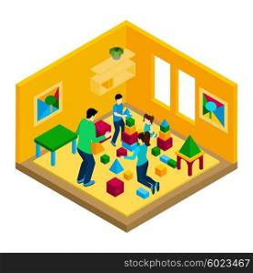 Family Playing Illustration . Family playing in the room with parents and children isometric vector illustration
